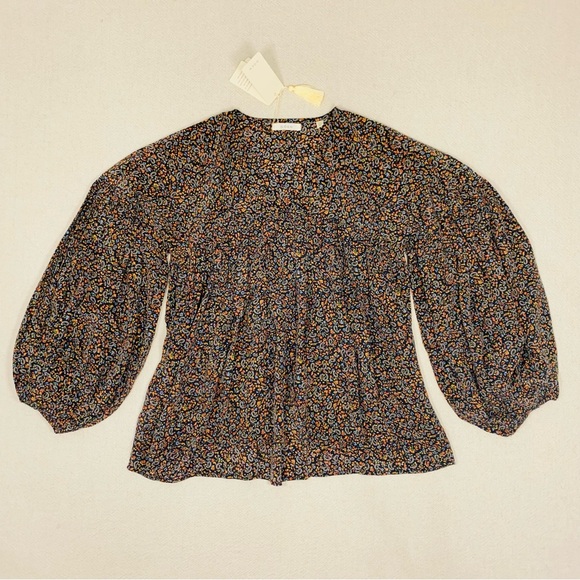 NWT DOEN Medium SAVONA Silk Top Blouse sz M Black Paisley Balloon Sleeve V-neck - Picture 4 of 14